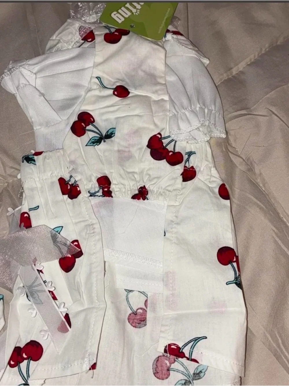 White Cherry-Print Dress with Sheer Bow for dog